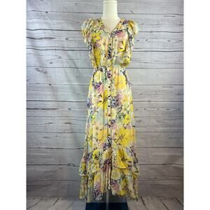 Shoshanna Floral Midi Dress Women Size 2 Multi Color Flutter Sleeve Ruffle Hem